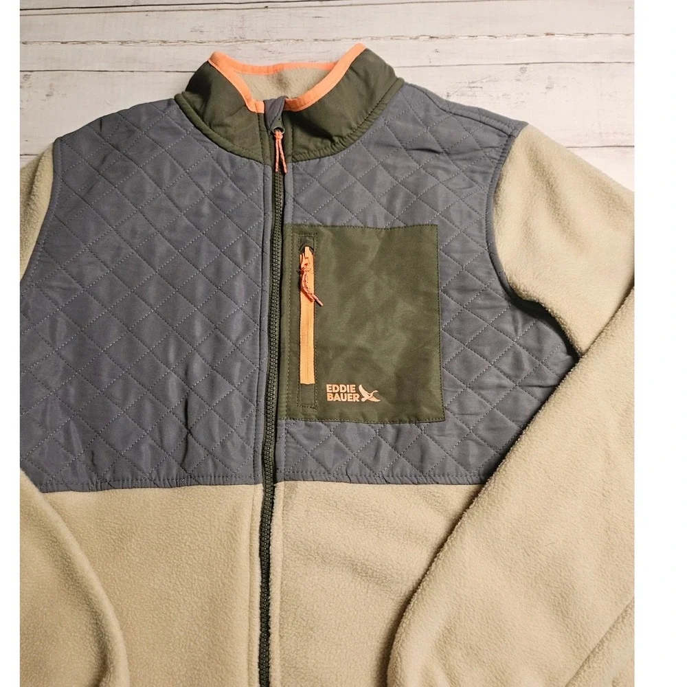 Eddie Bauer Kids Fleece Jacket Tan Gray Quilted Full Zip Mock‎ Neck E9350W550 XL